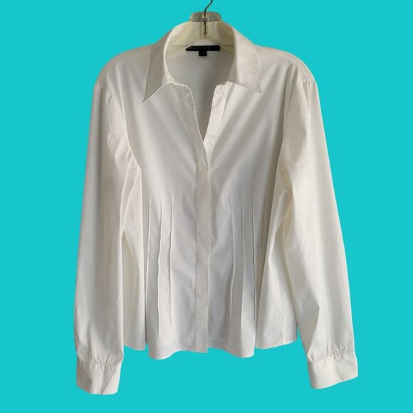 Lafayette 148 NY White Button Up Shirt Womens Stretch Cotton Pleated Size 14 - Picture 2 of 11
